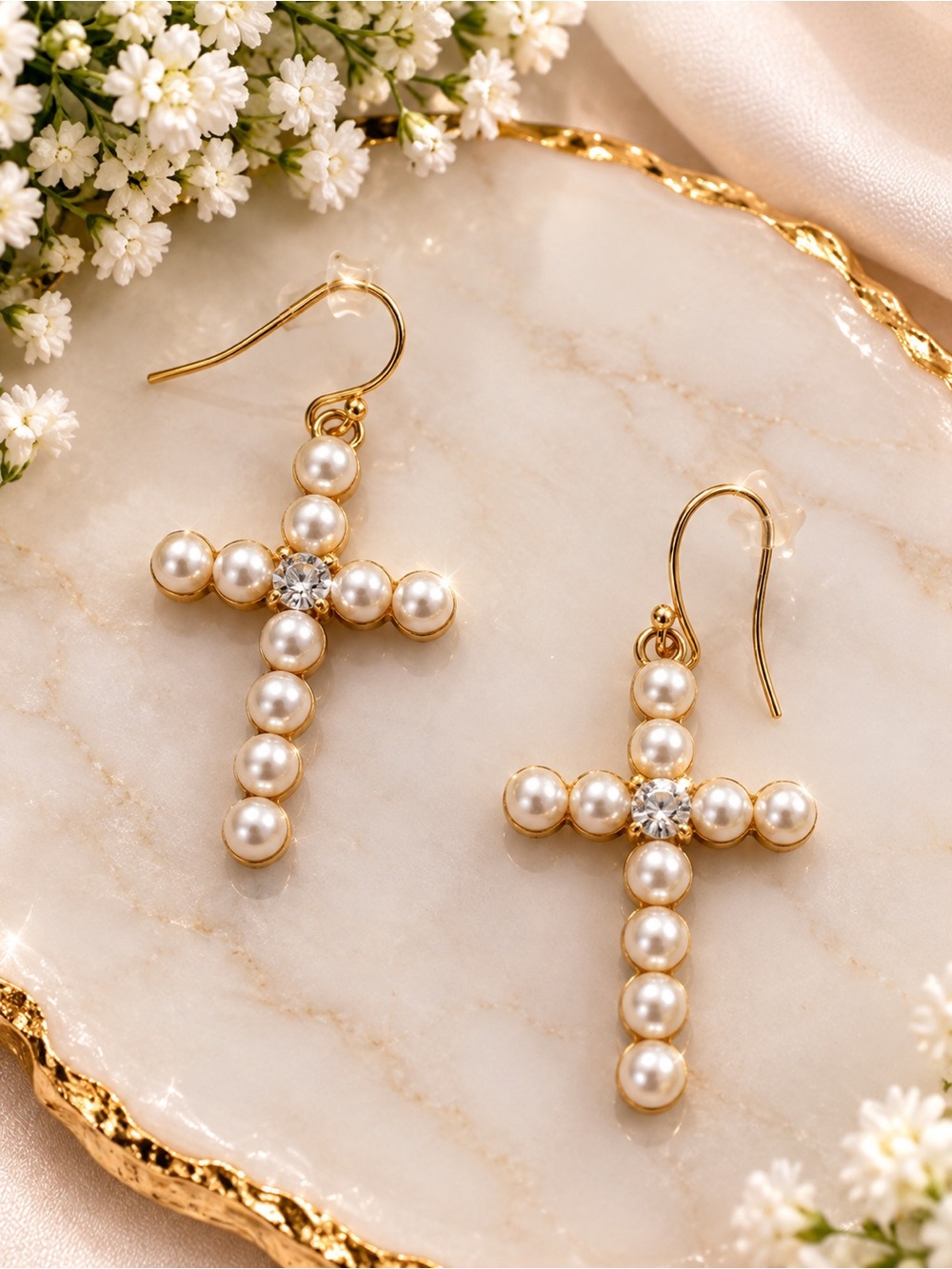 Elegant Gold Pearl Cross Drop Earrings - Brand